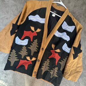 Victor Rojo Jacket Women Large Black Tan Patchwork Moose Pine Tree Cotton Vtg